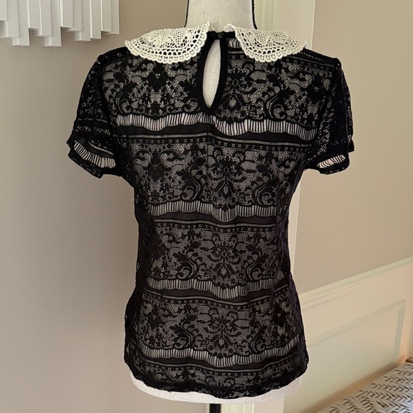 Forever 21 Sheer Black Lace Crochet Peter Pan Collar Short Sleeve Top M - Picture 4 of 8